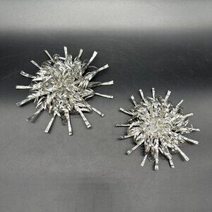 Vintage Atomic Starburst Christmas Ornaments Aluminum Handmade Set Of 2 Silver